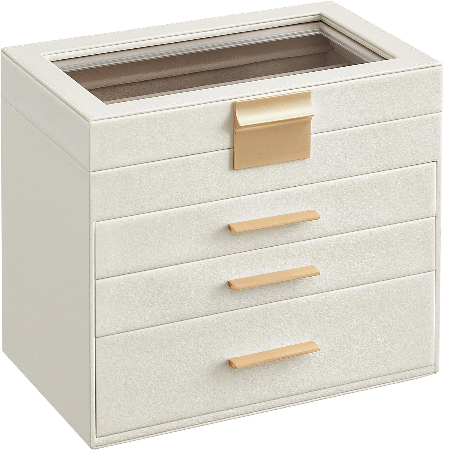 SONGMICS Cutie de bijuterii cu 4 nivele, 3 sertare, capac din sticla, 22x25x15cm, alb si auriu 1 SONGMICS Cutie de bijuterii cu 4 nivele, 3 sertare, capac din sticla, 22x25x15cm, alb si auriu