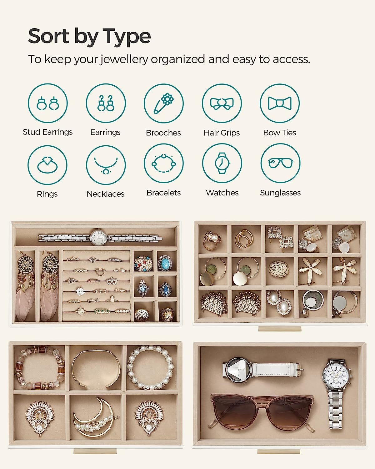 SONGMICS Cutie de bijuterii cu 4 nivele, 3 sertare, capac din sticla, 22x25x15cm, alb si auriu 3 SONGMICS Cutie de bijuterii cu 4 nivele, 3 sertare, capac din sticla, 22x25x15cm, alb si auriu - imagine 3