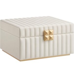 SONGMICS Cutie de bijuterii pe 2 nivele, cu oglinda si tava detasabila, 22x24x14 cm, alb crem