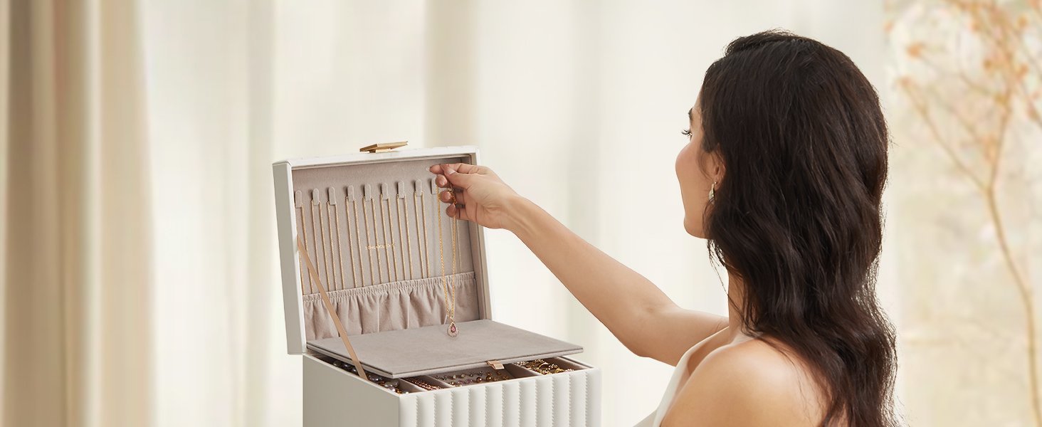 SONGMICS Cutie de bijuterii pe 2 nivele, cu oglinda si tava detasabila, 22x24x14 cm, alb crem 2 SONGMICS Cutie de bijuterii pe 2 nivele, cu oglinda si tava detasabila, 22x24x14 cm, alb crem - imagine 2