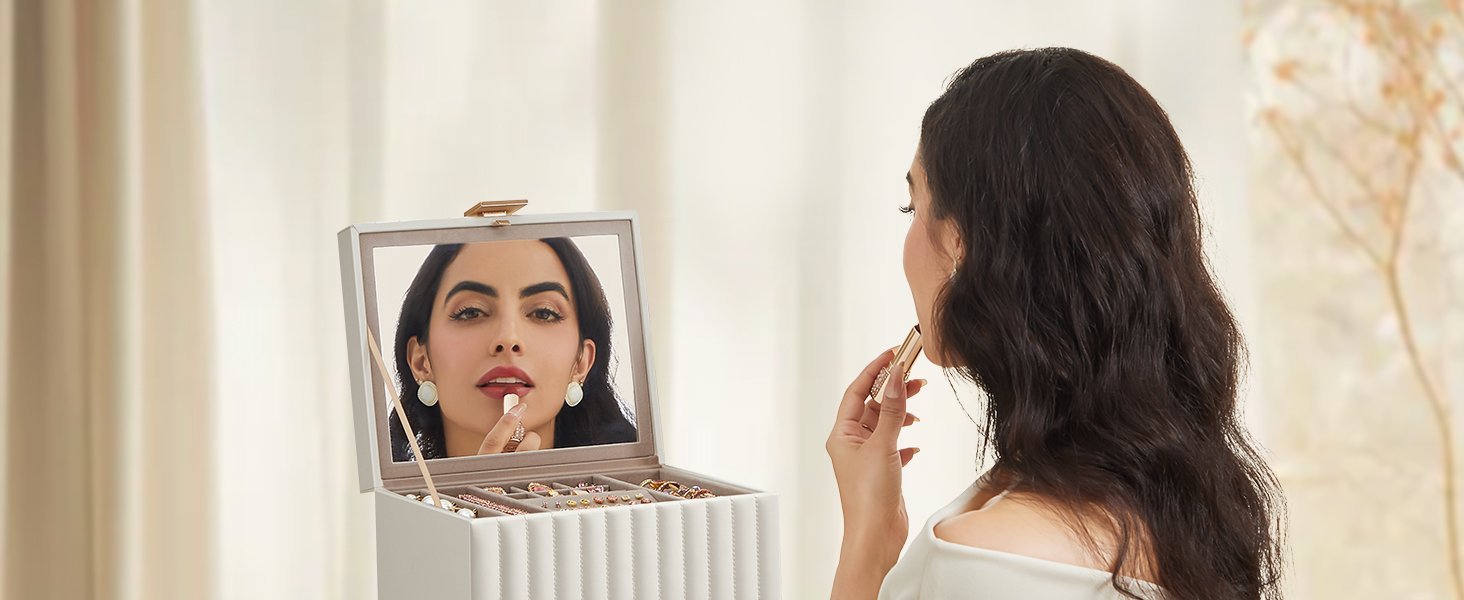 SONGMICS Cutie de bijuterii pe 2 nivele, cu oglinda si tava detasabila, 22x24x14 cm, alb crem 3 SONGMICS Cutie de bijuterii pe 2 nivele, cu oglinda si tava detasabila, 22x24x14 cm, alb crem - imagine 3