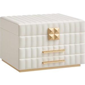 SONGMICS Cutie de bijuterii pe 3 nivele, cu oglinda si tavi detasabile, 22x24x16 cm, alb crem