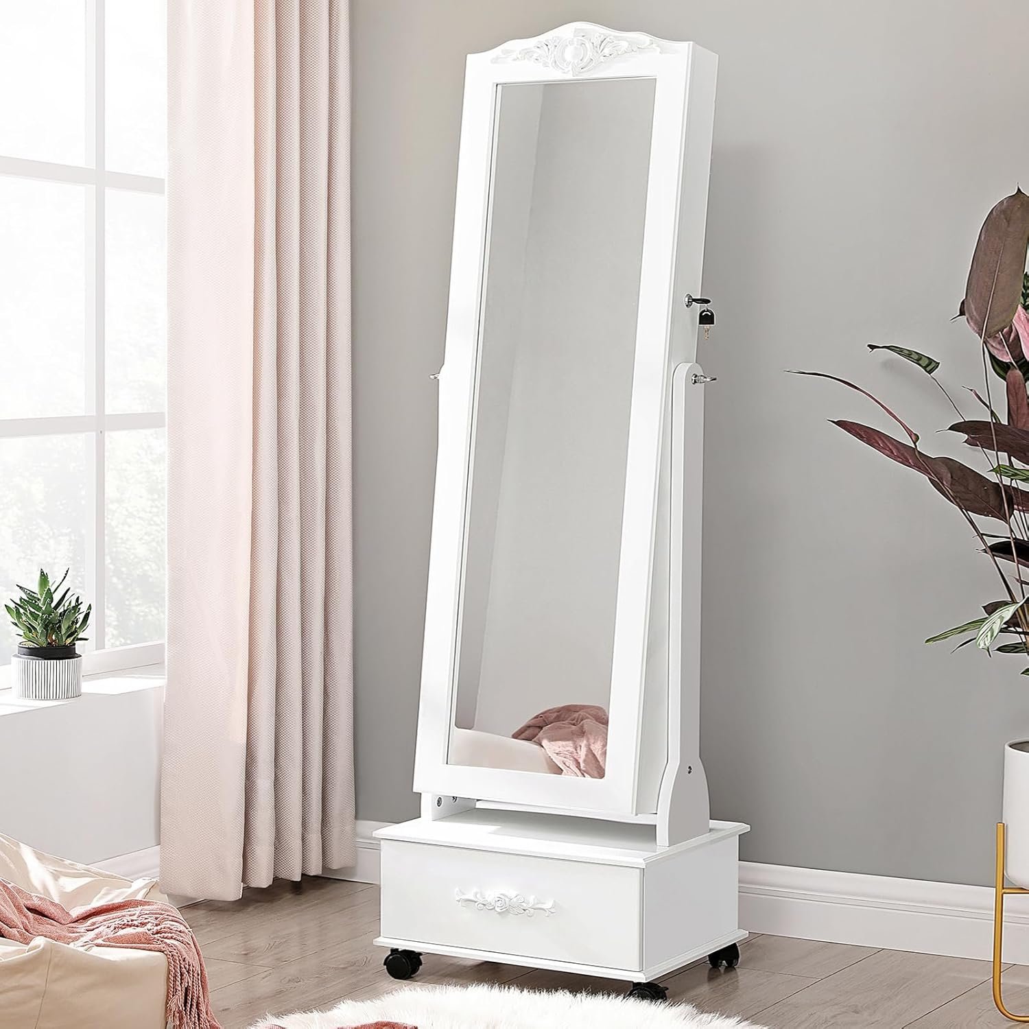 SONGMICS Oglinda de podea cu dulap depozitare bijuterii, iluminare LED si roti, cu cheie, 35x45x156 cm, alb