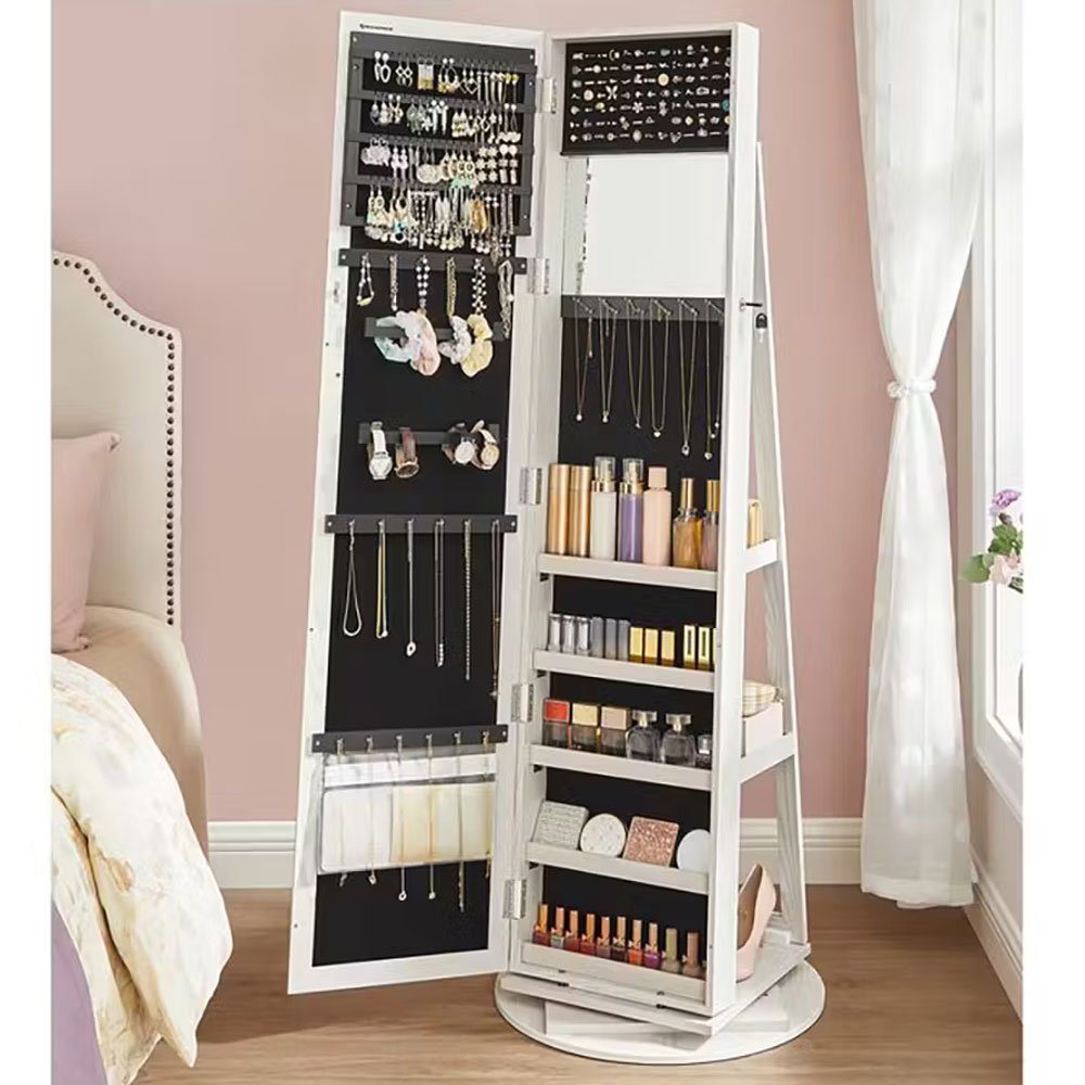 SONGMICS Oglinda de podea cu suport rotativ la 360°, cu spatiu de depozitare, 55x55x161cm, alb cenusiu