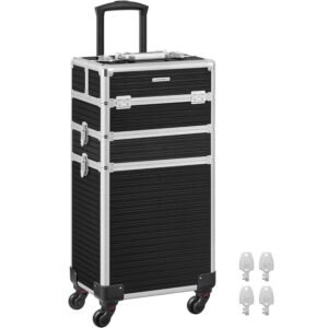 SONGMICS Valiza pentru cosmetice cu roti, profesionala, inchidere cu cheie, 24x34x70cm, negru