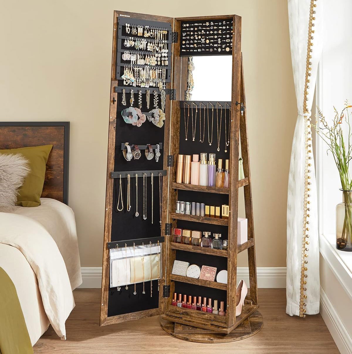 SONGMICS Oglinda de podea cu suport rotativ la 360°, cu spatiu de depozitare, 55x55x161cm, maro rustic