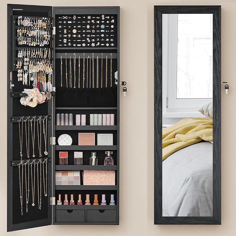 SONGMICS Dulap de bijuterii cu oglinda, din MDF, montare pe perete, 37x10x120 cm, negru