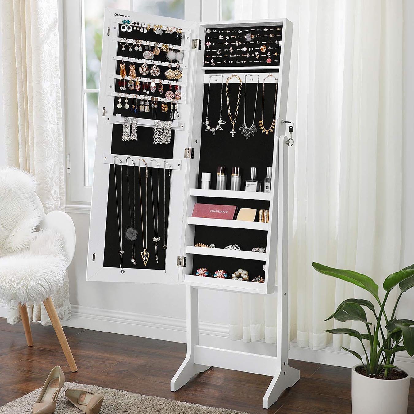 SONGMICS Oglinda de podea cu suport, din MDF, spatiu de depozitare, 41x37x152 cm, alb