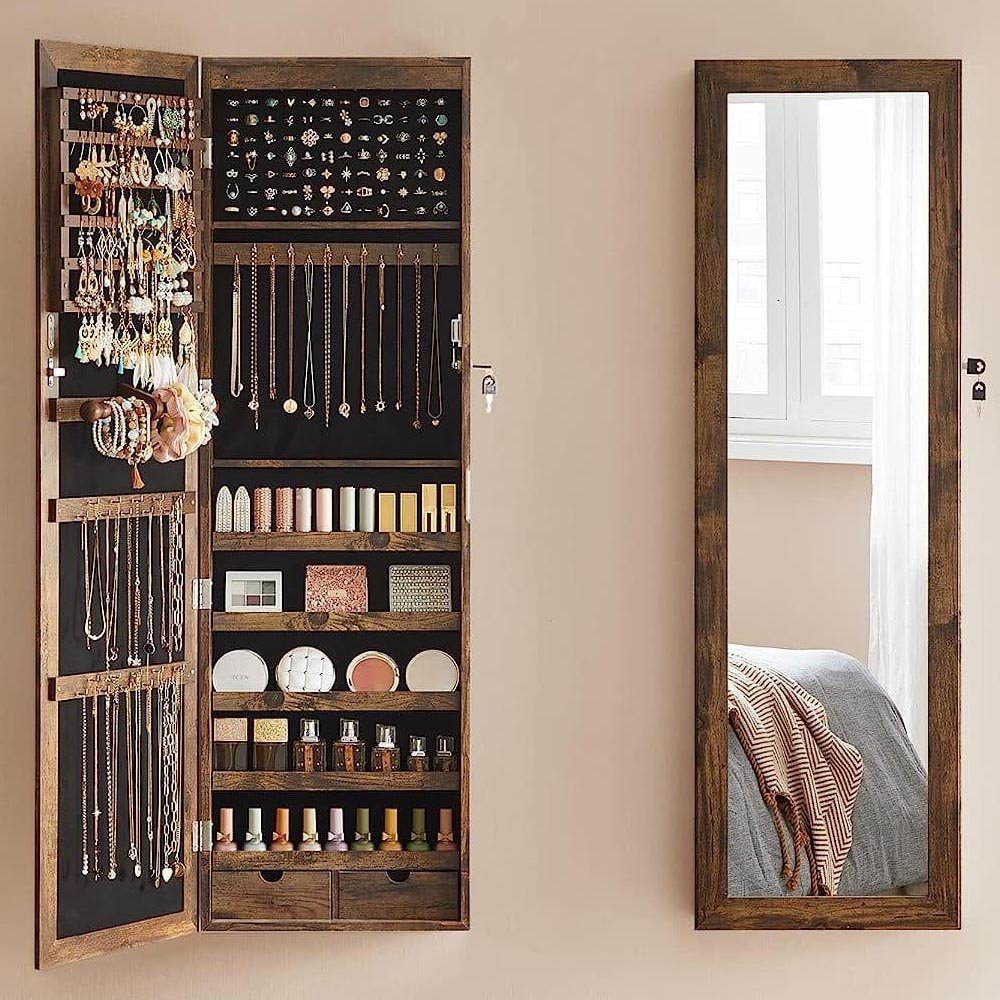 SONGMICS Dulap de bijuterii cu oglinda, din MDF, montare pe perete, 37x10x120 cm, maro rustic