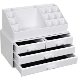 SONGMICS Organizator de cosmetice, cu 4 sertare si 16 compartimente de diferite dimensiuni, 24x14x19cm, alb