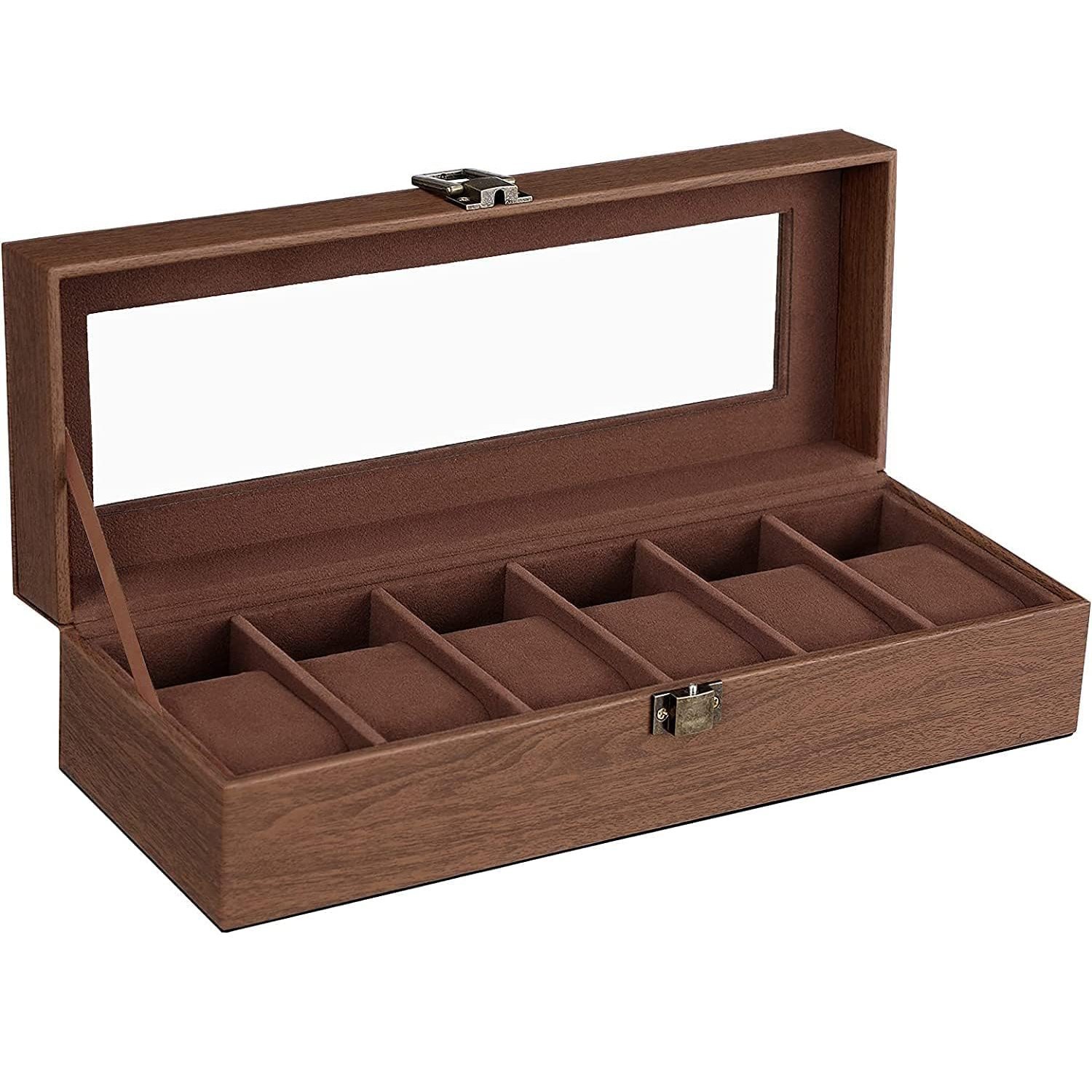SONGMICS Cutie depozitare si organizare ceasuri, cu 6 locuri, MDF, 30x11x8 cm, maro 1 SONGMICS Cutie depozitare si organizare ceasuri, cu 6 locuri, MDF, 30x11x8 cm, maro
