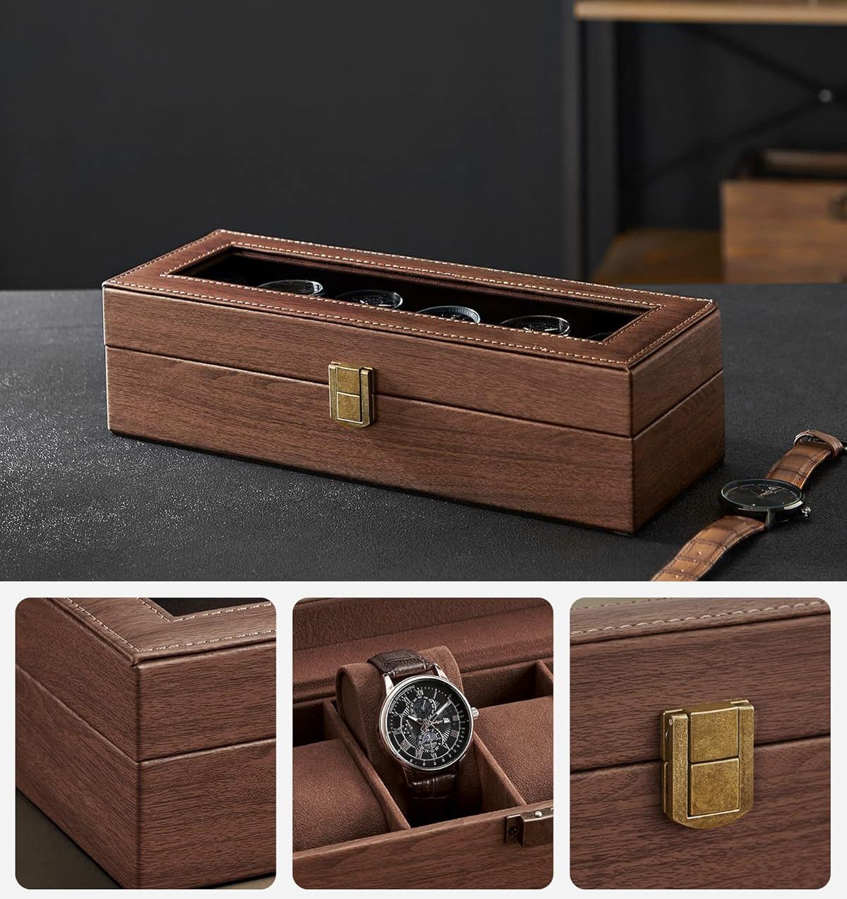 SONGMICS Cutie depozitare si organizare ceasuri, cu 6 locuri, MDF, 30x11x8 cm, maro 4 SONGMICS Cutie depozitare si organizare ceasuri, cu 6 locuri, MDF, 30x11x8 cm, maro - imagine 4