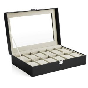 SONGMICS Cutie depozitare ceasuri cu 12 compartimente, capac din sticla, interior catifea, 30x21x9 cm, negru