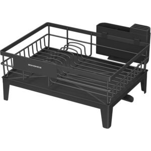 SONGMICS Suport vase metalic, cu tava si scurgere mobila direct in chiuveta, 31x42x19 cm, negru