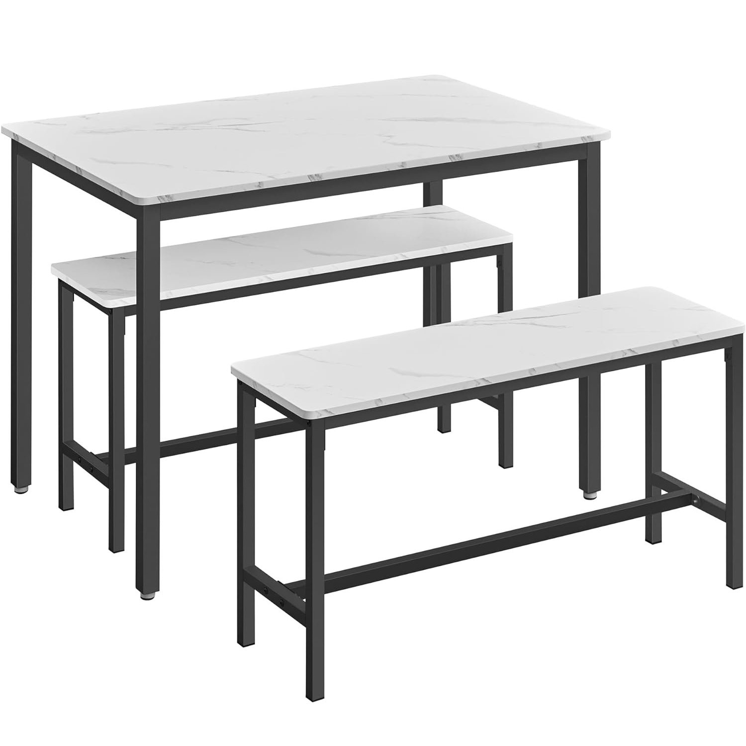 VASAGLE Masa de bar cu 2 banci, design industrial, 110x70x75 cm, alb marmura