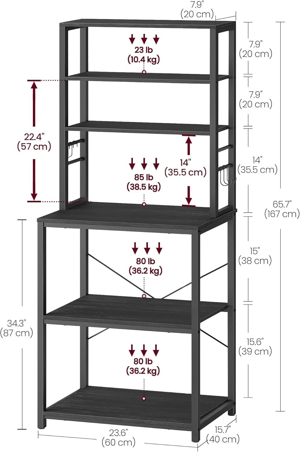 VASAGLE Raft de bucatarie, spatiu cuptor cu microunde, 6 rafturi, 40x60x167cm, gri inchis si negru 2 VASAGLE Raft de bucatarie, spatiu cuptor cu microunde, 6 rafturi, 40x60x167cm, gri inchis si negru - imagine 2