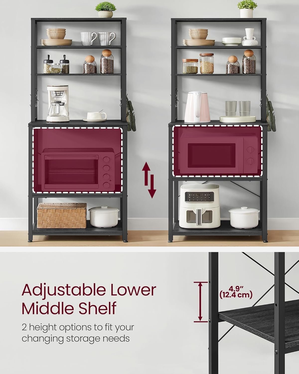 VASAGLE Raft de bucatarie, spatiu cuptor cu microunde, 6 rafturi, 40x60x167cm, gri inchis si negru 4 VASAGLE Raft de bucatarie, spatiu cuptor cu microunde, 6 rafturi, 40x60x167cm, gri inchis si negru - imagine 4