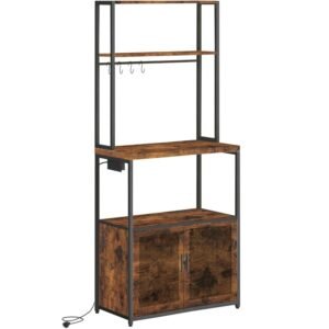 VASAGLE Raft bucatarie cu 4 prize, blat de lucru 90 cm, raft microunde, dulap si carlige, 40x60x170 cm, maro rustic