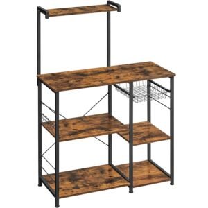 VASAGLE Raft de bucatarie, suport pentru cuptorul cu microunde, cos de sarma, 6 carlige S, 39x90x132cm, maro rustic