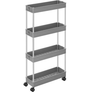 SONGMICS Carucior de depozitare pe roti, pentru bucatarie sau baie, din plastic, cu 4 nivele, 40x13x88cm, gri