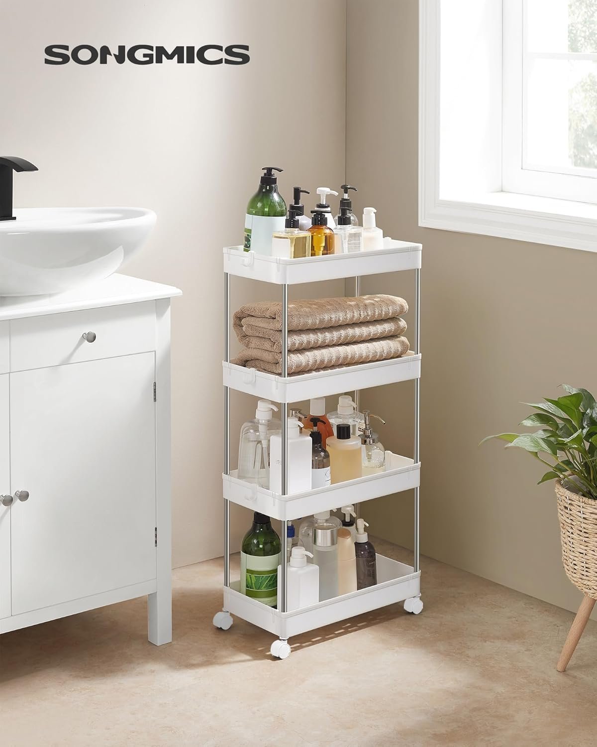 SONGMICS Carucior de depozitare mobil cu roti, pe 4 niveluri, 40x22x87 cm, alb 2 SONGMICS Carucior de depozitare mobil cu roti, pe 4 niveluri, 40x22x87 cm, alb - imagine 2