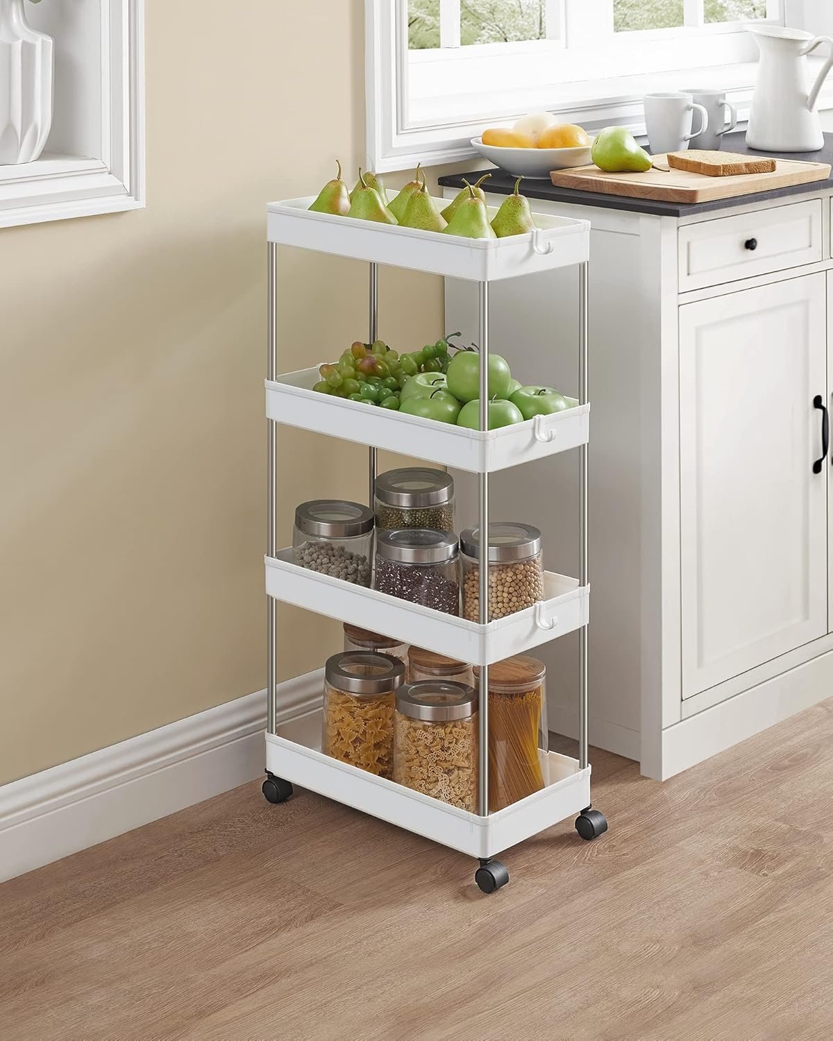 SONGMICS Carucior de depozitare mobil cu roti, pe 4 niveluri, 40x22x87 cm, alb 3 SONGMICS Carucior de depozitare mobil cu roti, pe 4 niveluri, 40x22x87 cm, alb - imagine 3