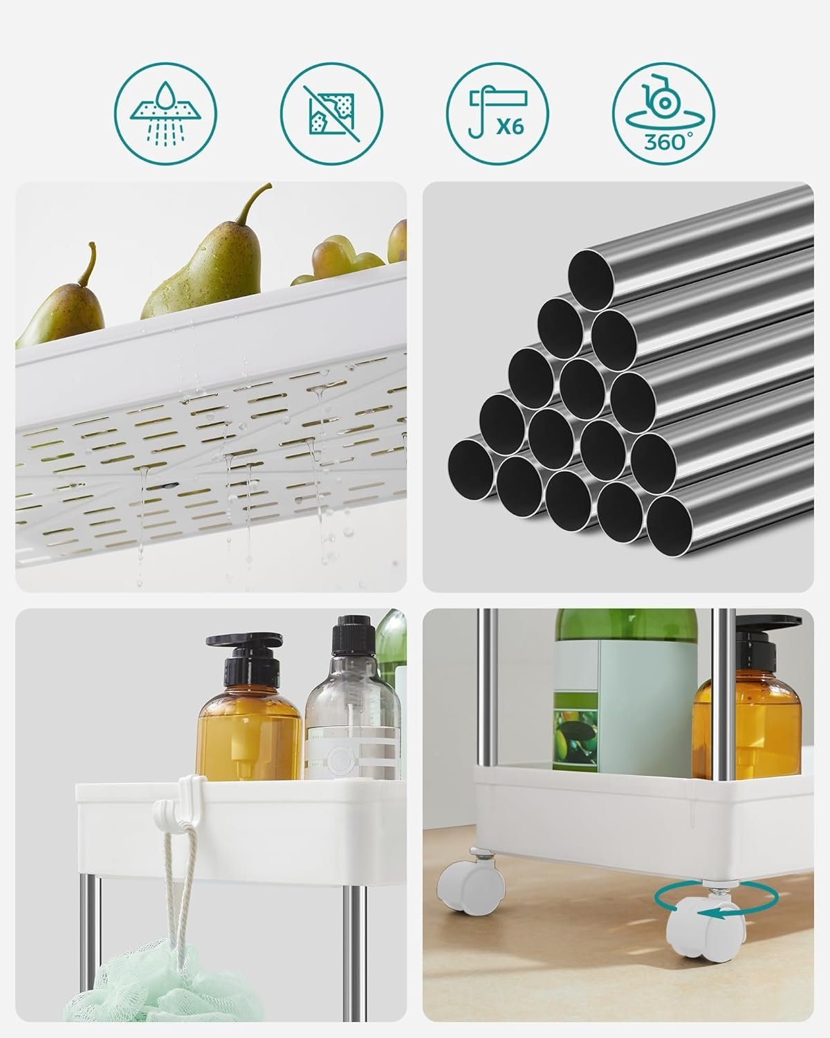 SONGMICS Carucior de depozitare mobil cu roti, pe 4 niveluri, 40x22x87 cm, alb 4 SONGMICS Carucior de depozitare mobil cu roti, pe 4 niveluri, 40x22x87 cm, alb - imagine 4