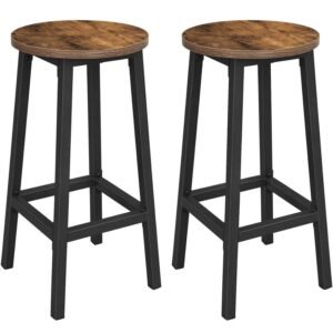 VASAGLE Set 2 scaune bar inalte, sezut rotund, cadru din otel, inaltime 65 cm, stil industrial, maro rustic si negru
