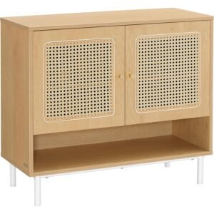 VASAGLE Raft pantofi 3 usi cu aspect ratan, cadru PAL si picioare metalice, stil boho, 80x35x70 cm, stejar bej