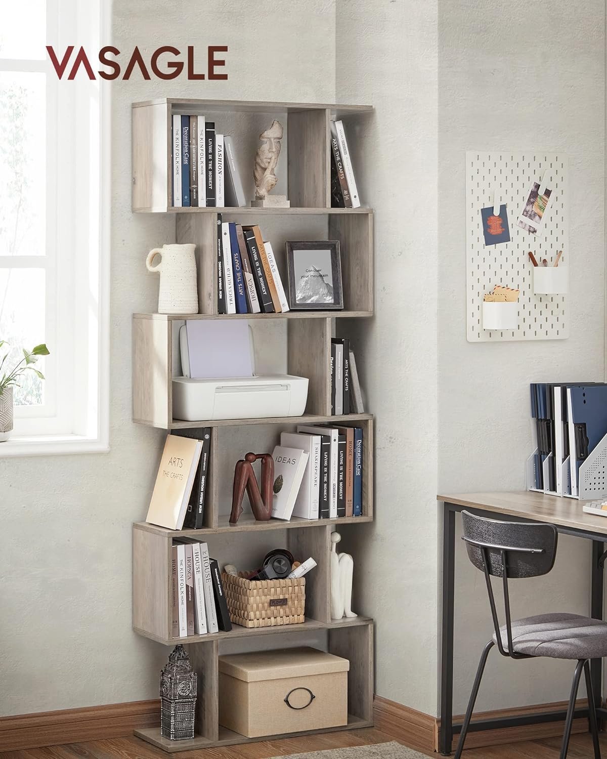 vasagle biblioteca, raft cu 6 unitati de depozitare, pentru living, din lemn, 24x190x70cm, gri stejar 4 VASAGLE Biblioteca, raft cu 6 unitati de depozitare, pentru living, din lemn, 24x190x70cm, gri stejar - imagine 4