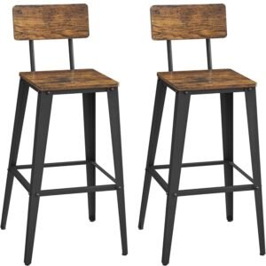 VASAGLE Set 2 scaune de bar, inalte cu spatar, industrial, 45x45x102cm, maro rustic si negru