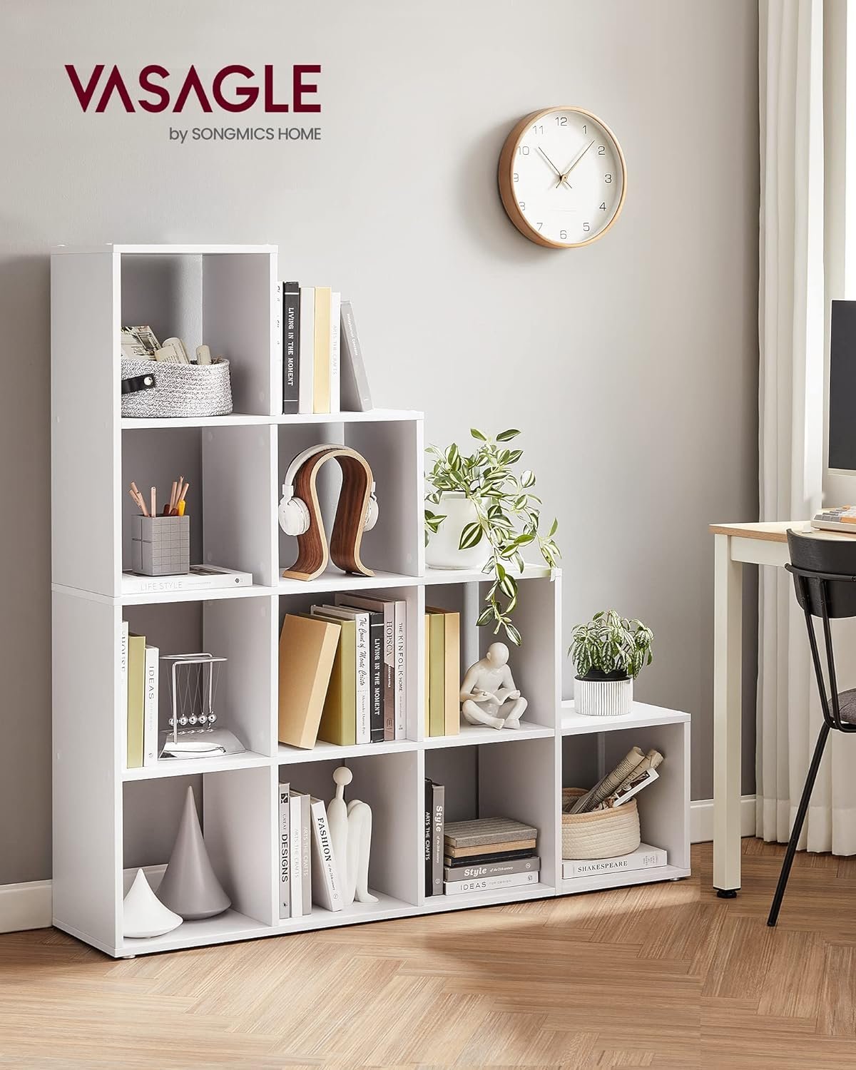 vasagle biblioteca cu 10 compartimente, unitate de depozitare pentru decoratiuni, din lemn, 29x129x129cm, alb 2 VASAGLE Biblioteca cu 10 compartimente, unitate de depozitare pentru decoratiuni, din lemn, 29x129x129cm, alb - imagine 2