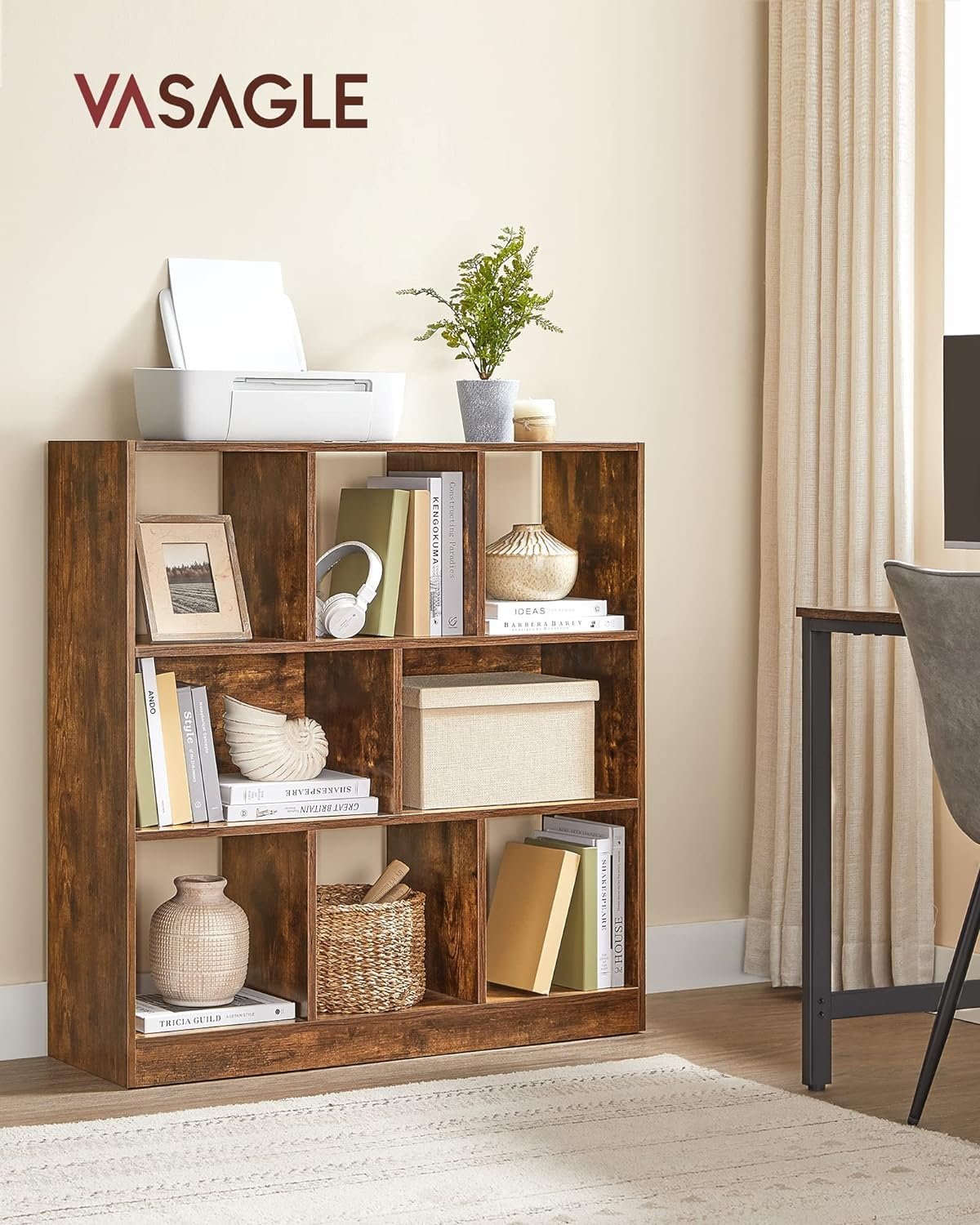 vasagle biblioteca, raft cu 8 unitati de depozitare, pentru living, din lemn, 97x30x100cm, maro rustic 2 VASAGLE Biblioteca, raft cu 8 unitati de depozitare, pentru living, din lemn, 97x30x100cm, maro rustic - imagine 2