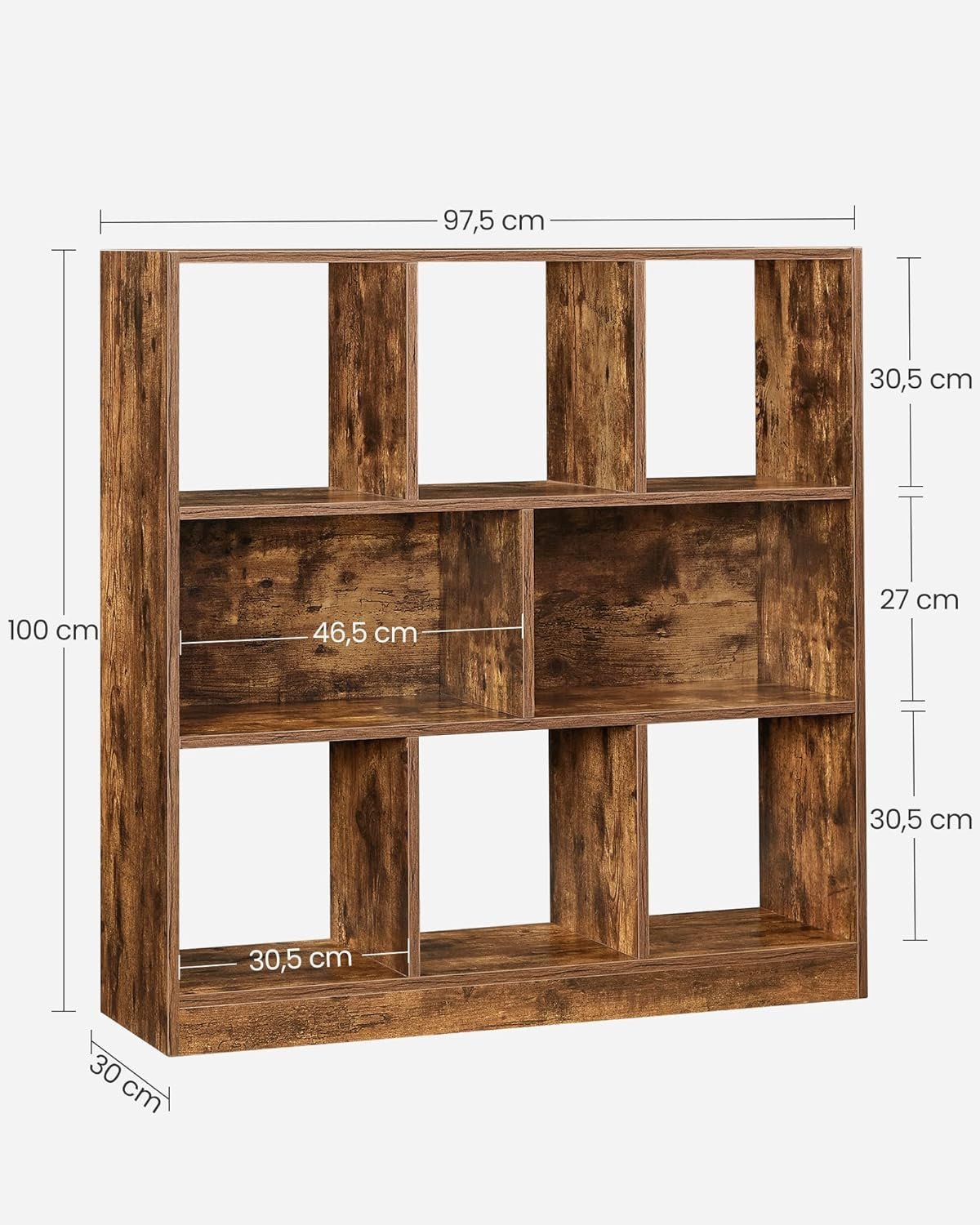 vasagle biblioteca, raft cu 8 unitati de depozitare, pentru living, din lemn, 97x30x100cm, maro rustic 3 VASAGLE Biblioteca, raft cu 8 unitati de depozitare, pentru living, din lemn, 97x30x100cm, maro rustic - imagine 3