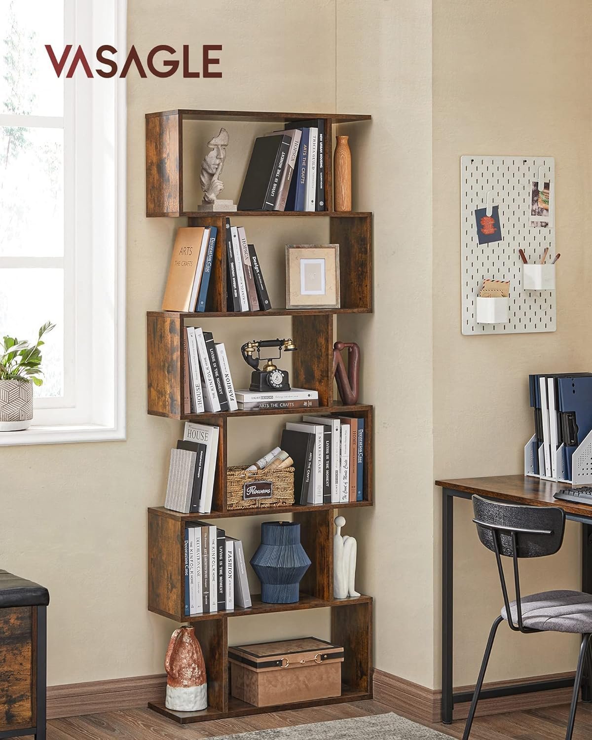 vasagle biblioteca, raft cu 6 unitati de depozitare, pentru living, din lemn, 24x190x70cm, maro rustic 2 VASAGLE Biblioteca, raft cu 6 unitati de depozitare, pentru living, din lemn, 24x190x70cm, maro rustic - imagine 2