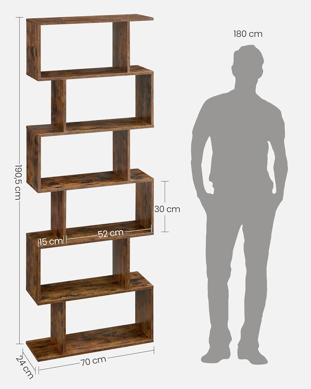 vasagle biblioteca, raft cu 6 unitati de depozitare, pentru living, din lemn, 24x190x70cm, maro rustic 3 VASAGLE Biblioteca, raft cu 6 unitati de depozitare, pentru living, din lemn, 24x190x70cm, maro rustic - imagine 3