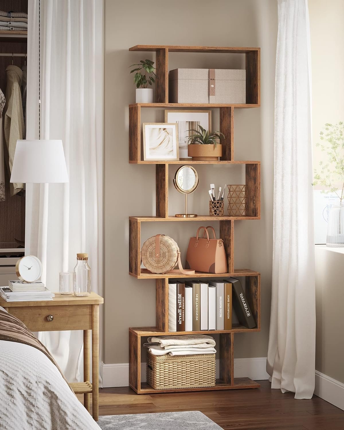 vasagle biblioteca, raft cu 6 unitati de depozitare, pentru living, din lemn, 24x190x70cm, maro rustic 4 VASAGLE Biblioteca, raft cu 6 unitati de depozitare, pentru living, din lemn, 24x190x70cm, maro rustic - imagine 4