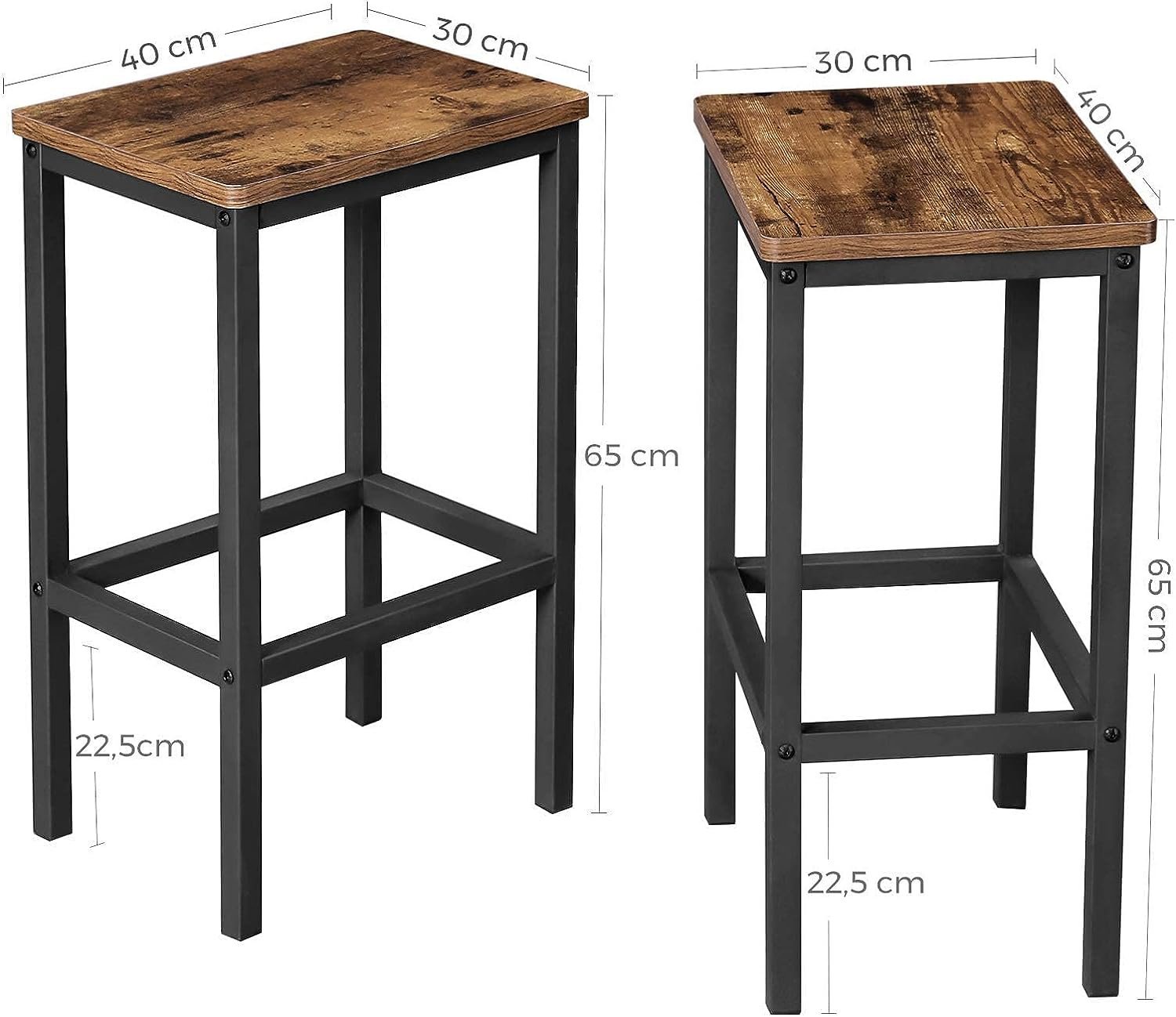 vasagle set 2 scaune bar inalte, sezut dreptunghiular, cadru din otel, 40x30x65cm, stil industrial, maro rustic si negru 3 VASAGLE Set 2 scaune bar inalte, sezut dreptunghiular, cadru din otel, 40x30x65cm, stil industrial, maro rustic si negru - imagine 3