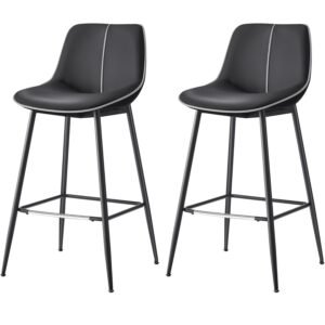 VASAGLE Set 2 scaune de bar, spatar ergonomic din piele ecologica, cadru metalic, 50x50x99 cm, negru