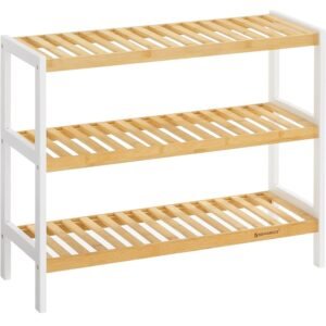 SONGMICS Raft de depozitare din bambus, cu 3 niveluri, 26x70x55cm, alb si maro