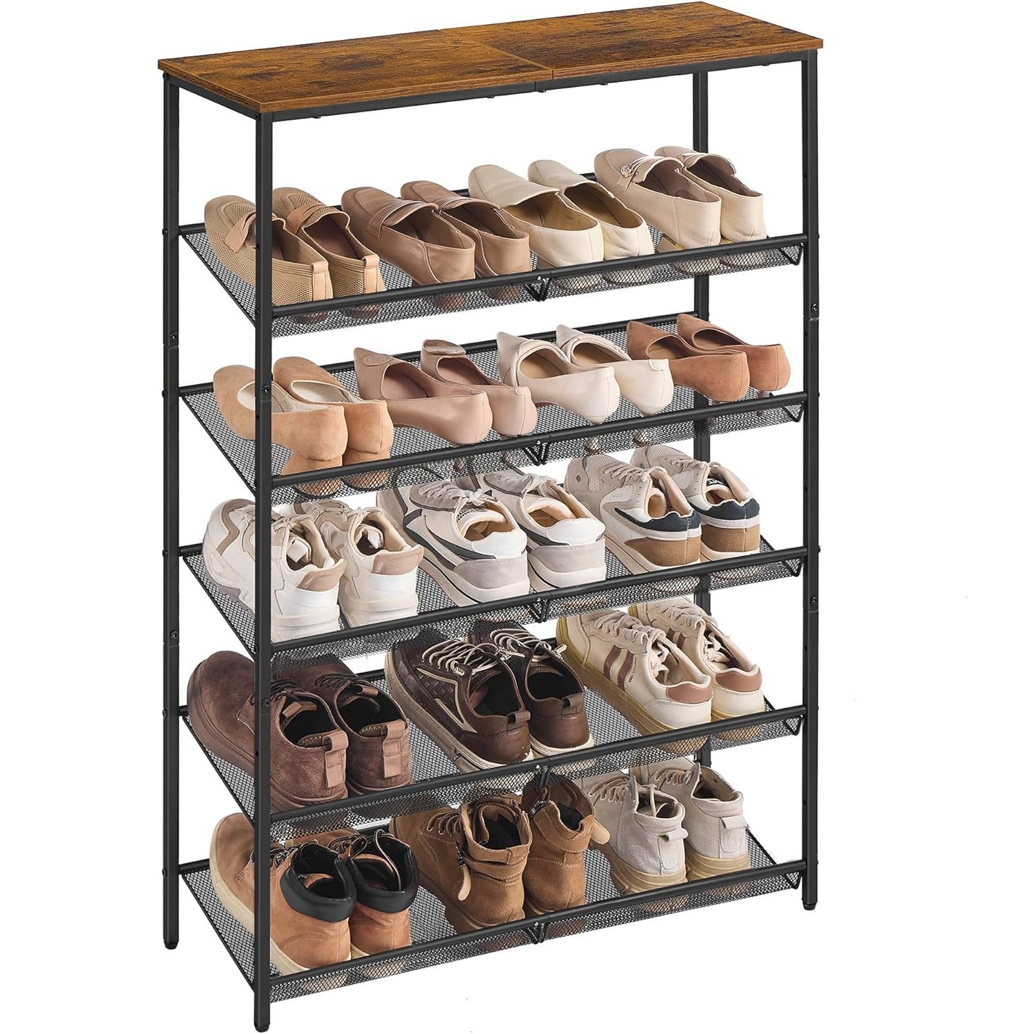 VASAGLE Etajera pantofi 6 niveluri, rafturi metalice reglabile, blat din PAL, stil industrial, 75x28x114 cm, maro rustic