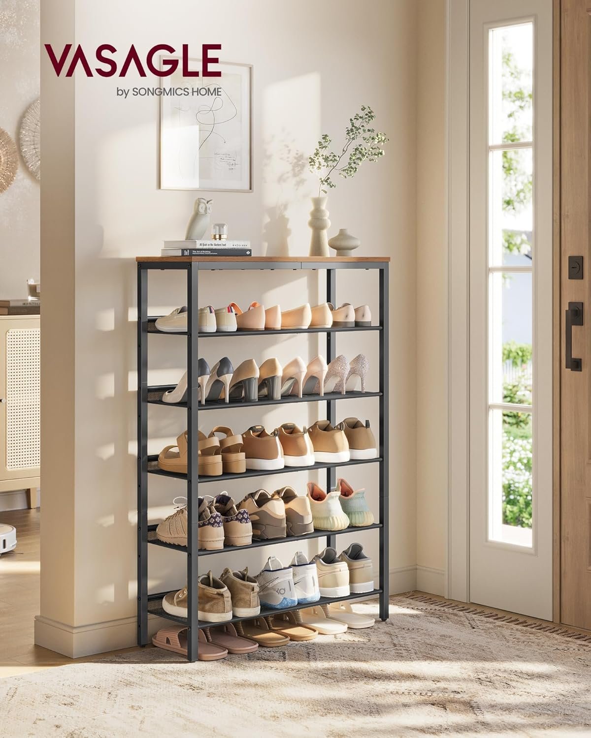 vasagle etajera pantofi 6 niveluri, rafturi metalice reglabile, blat din pal, stil industrial, 75x28x114 cm, maro rustic 2 VASAGLE Etajera pantofi 6 niveluri, rafturi metalice reglabile, blat din PAL, stil industrial, 75x28x114 cm, maro rustic - imagine 2