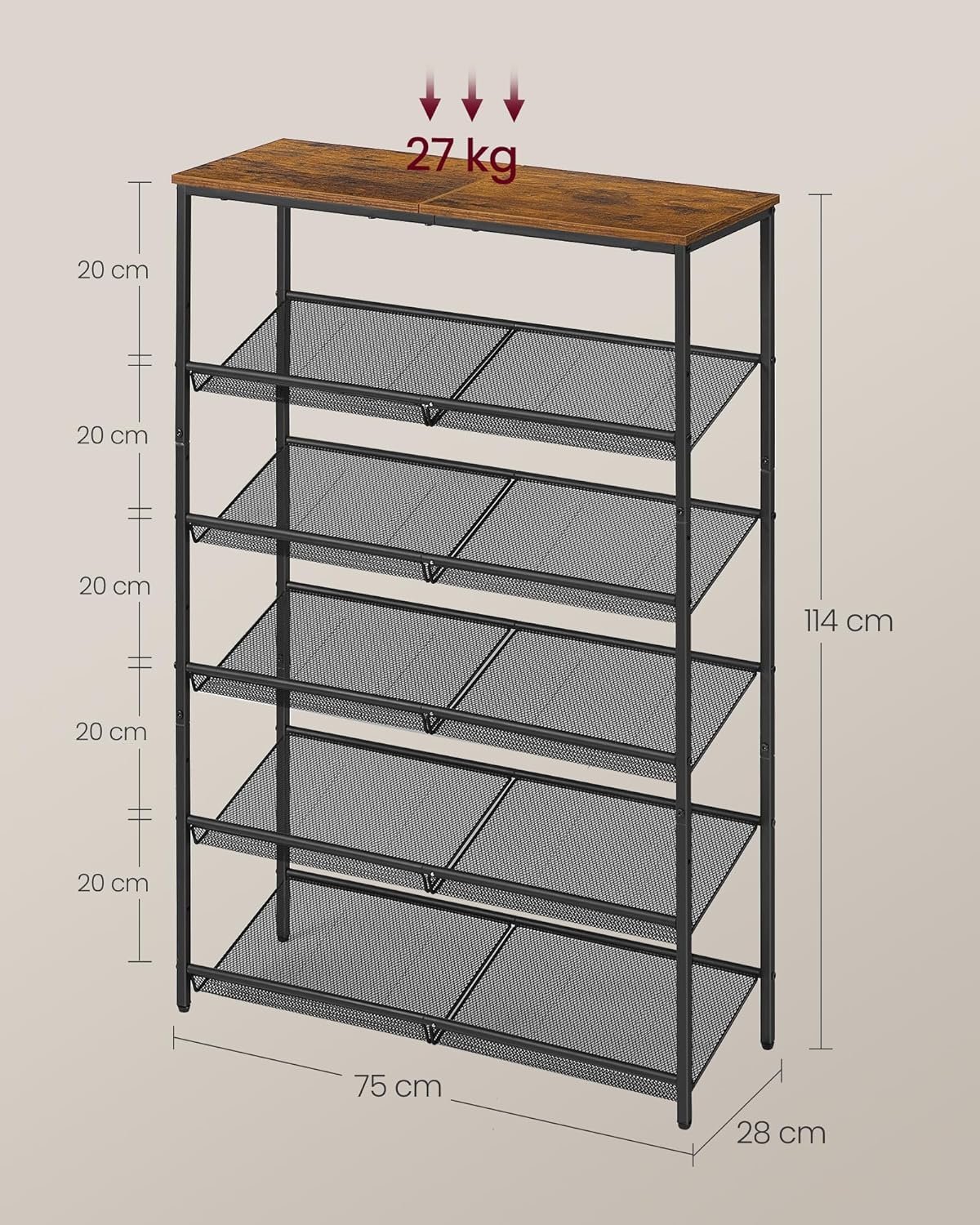 vasagle etajera pantofi 6 niveluri, rafturi metalice reglabile, blat din pal, stil industrial, 75x28x114 cm, maro rustic 4 VASAGLE Etajera pantofi 6 niveluri, rafturi metalice reglabile, blat din PAL, stil industrial, 75x28x114 cm, maro rustic - imagine 4