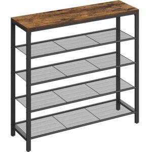VASAGLE Raft de pantofi, cu 4 rafturi din plasa, cadru din otel, industrial, 30x100x92cm, maro rustic si negru