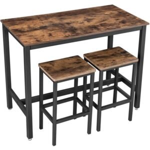 VASAGLE Set masa de bar cu 2 scaune, cadru din otel, blat lemn, stil industrial, 120x60x90cm, maro rustic