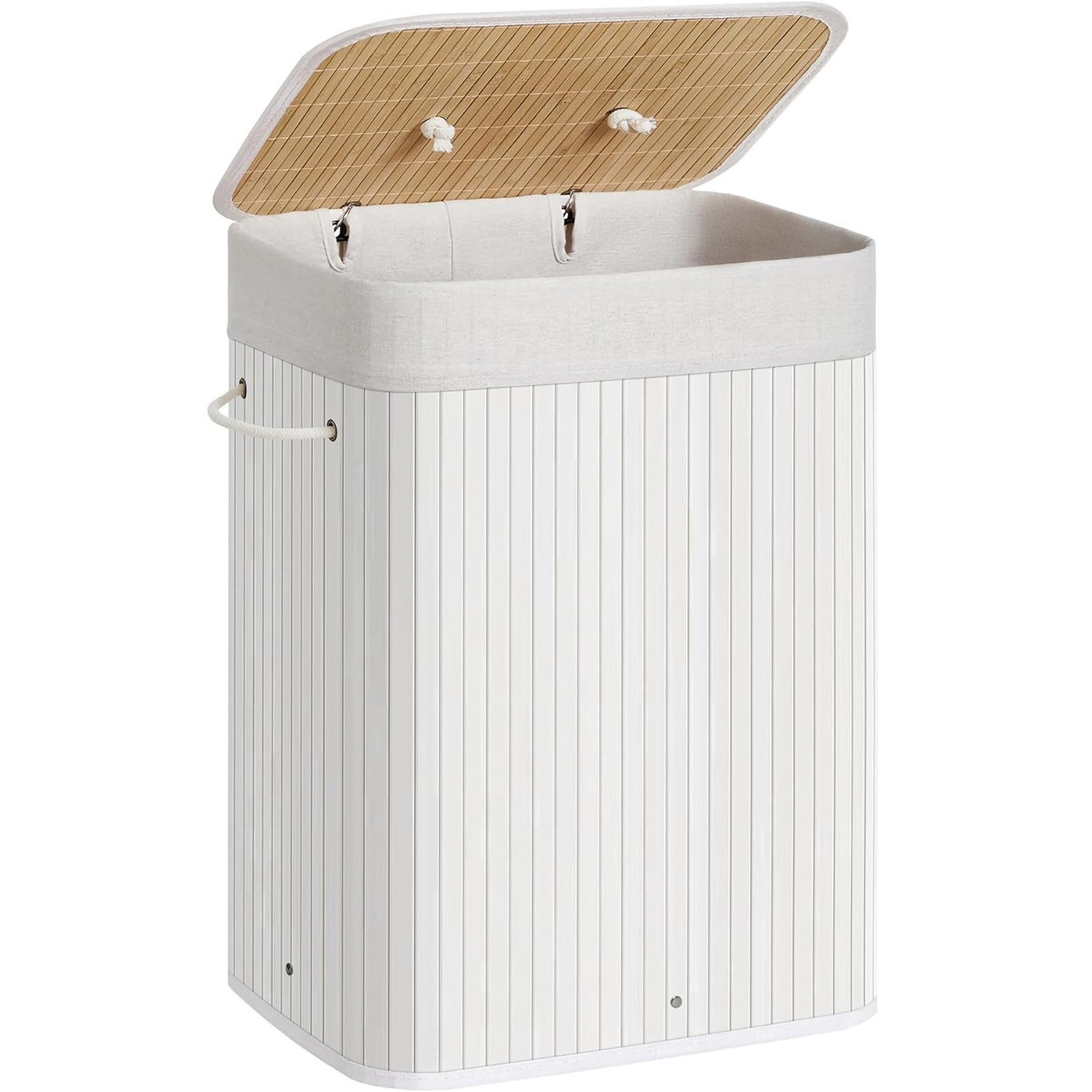 SONGMICS Cos de rufe din bambus, pliabil, cu captuseala detasabila lavabila, 72L, 40x30x60cm, alb