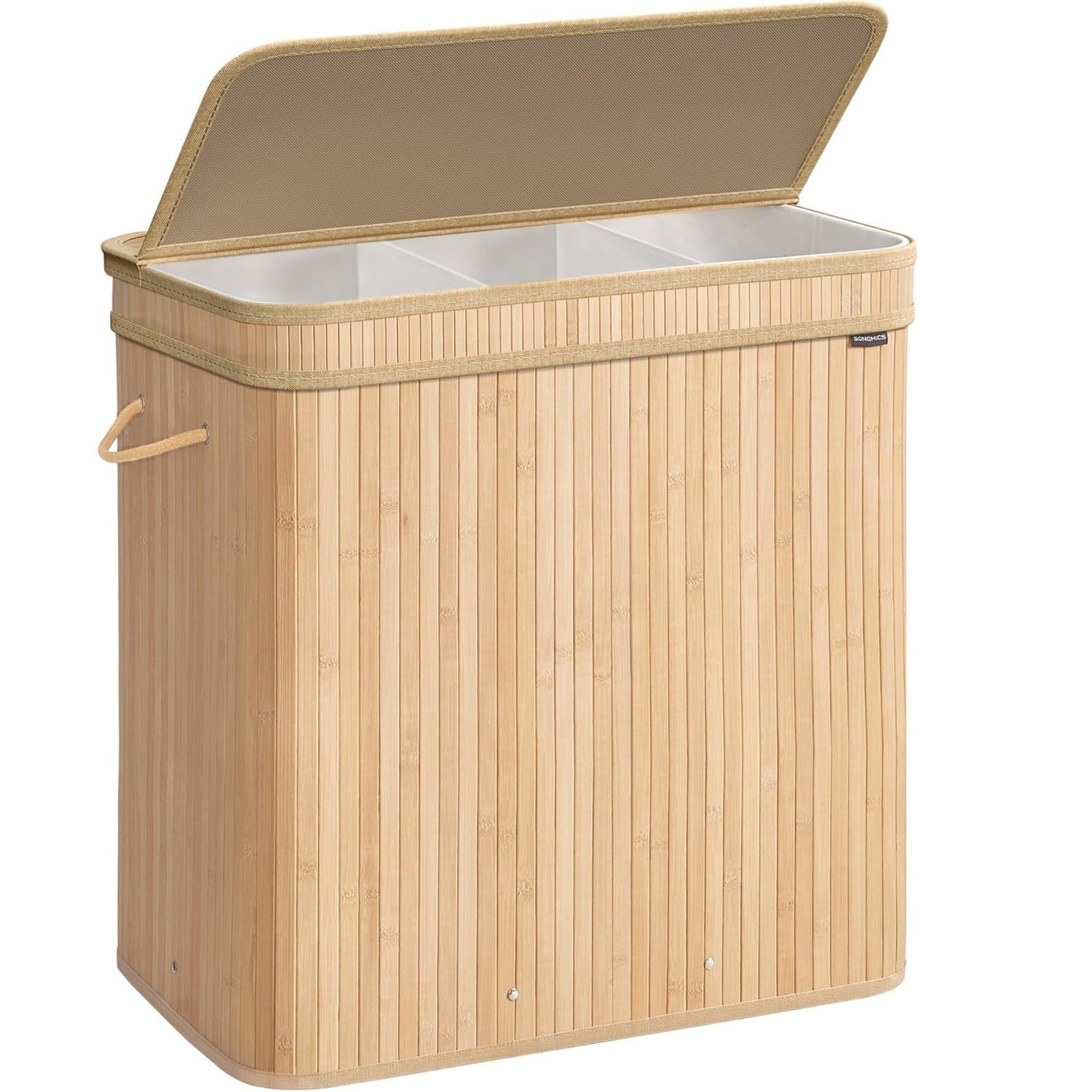 SONGMICS Cos rufe 63x42x61 cm, 150L, pliabil cu capac si sac lavabil, bambus si textil, bej natur