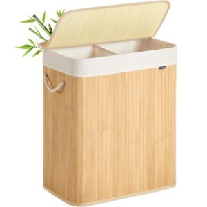 SONGMICS Cos rufe din bambus cu 2 compartimente, sac detasabil, 100 litri, 52x32x61 cm, maro natur