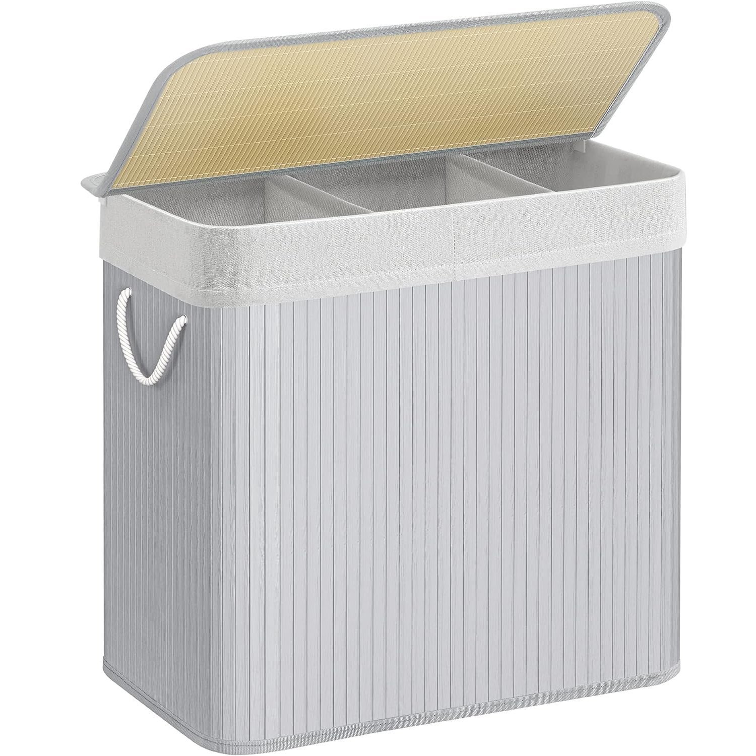 SONGMICS Cos de rufe din bambus, pliabil, cu captuseala detasabila lavabila, 3 compartimente, 150L, 60x40x62cm, gri