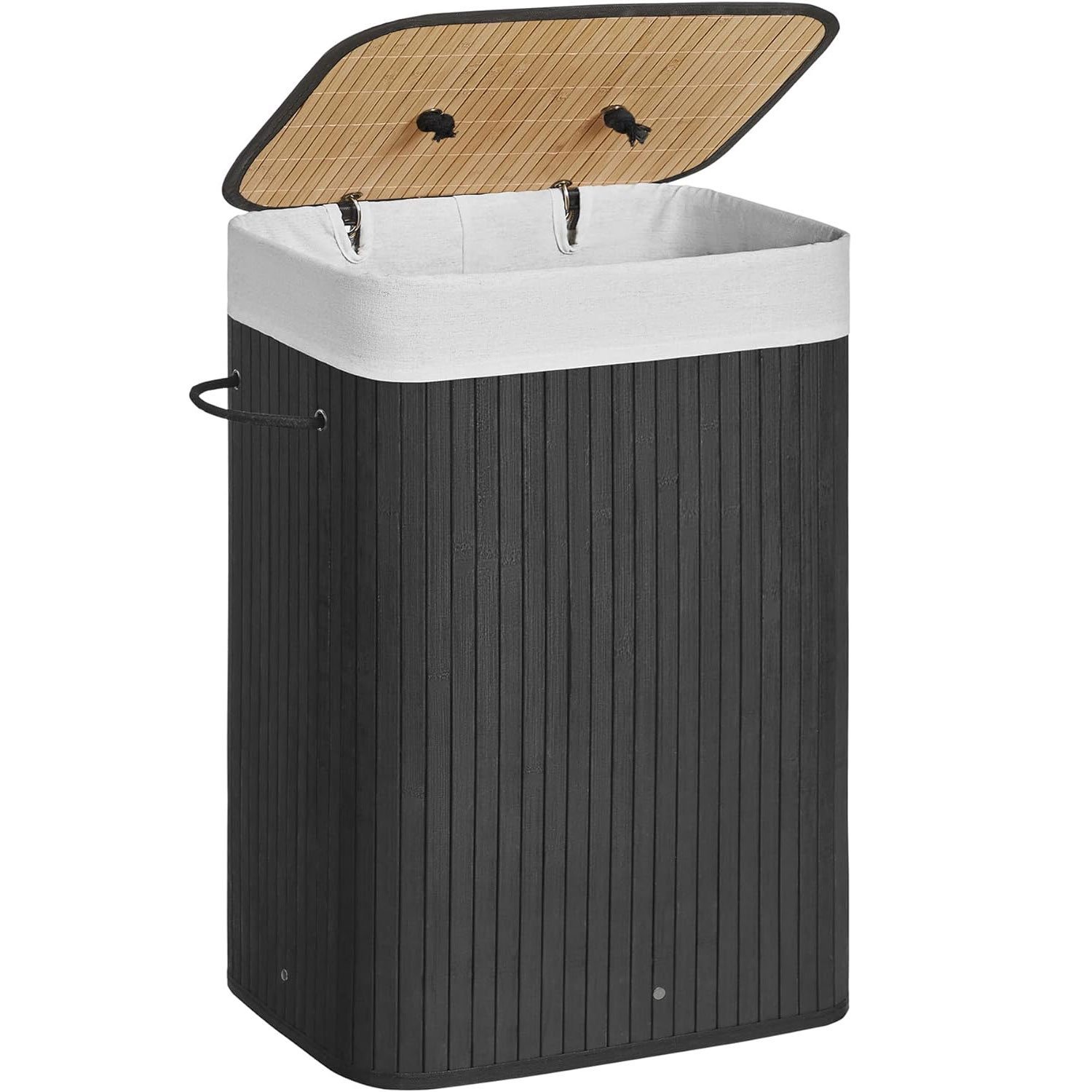 SONGMICS Cos de rufe din bambus, pliabil, cu captuseala detasabila lavabila, 72L, 40x30x60cm, negru